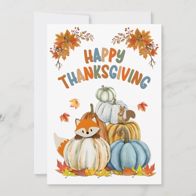 Cute Fox and Retro Pumpkins Happy Thanksgiving  Ho Holiday Card (Front)