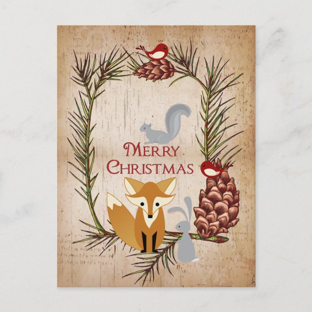 Cute Fox and Woodland Animals Merry Christmas Holiday Postcard (Front)