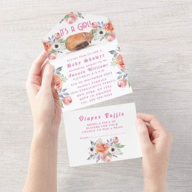 Cute Fox Animal Flowers It's a Girl Baby Shower All In One Invitation (Tearaway)