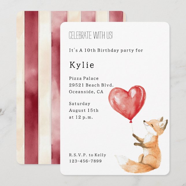 Cute Fox Animal Heart Balloon Birthday   Invitation (Front/Back)