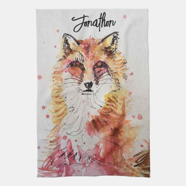 Cute Fox Animal Watercolor Pastel Colors Tea Towel (Vertical)