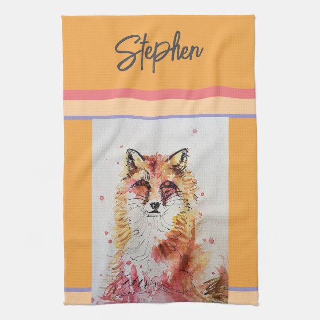 Cute Fox Animal Watercolor Pastel Colors Tea Towel (Vertical)