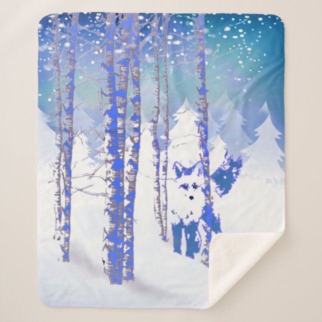 Cute Fox Animal Winter Snow Forest Blue Trees Sherpa Blanket (Front)