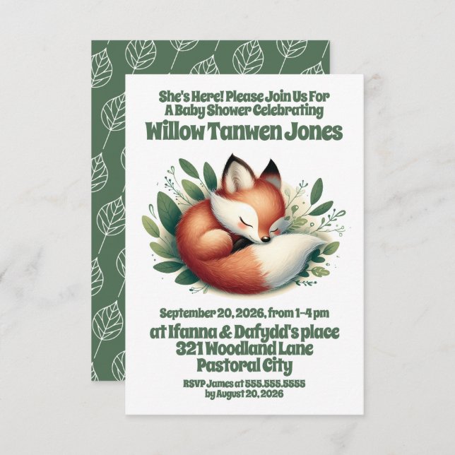 Cute Fox Asleep in Leaves Baby Shower Invitation (Front/Back)