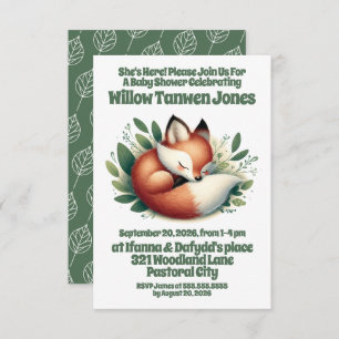 Cute Fox Asleep in Leaves Baby Shower Invitation