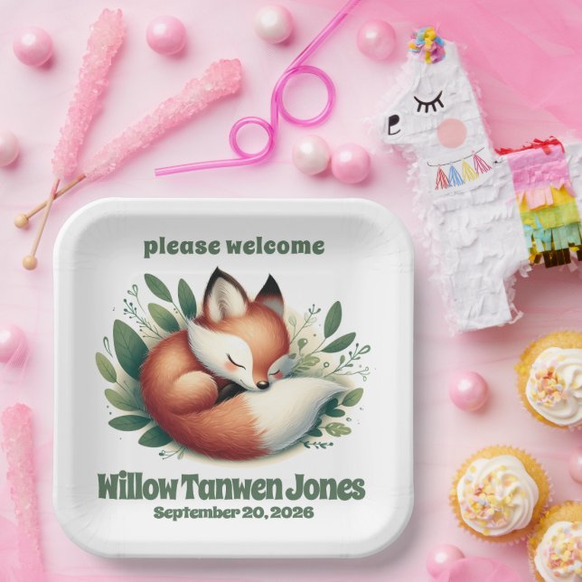 Cute Fox Asleep in Leaves Baby Shower Paper Plate (Party)