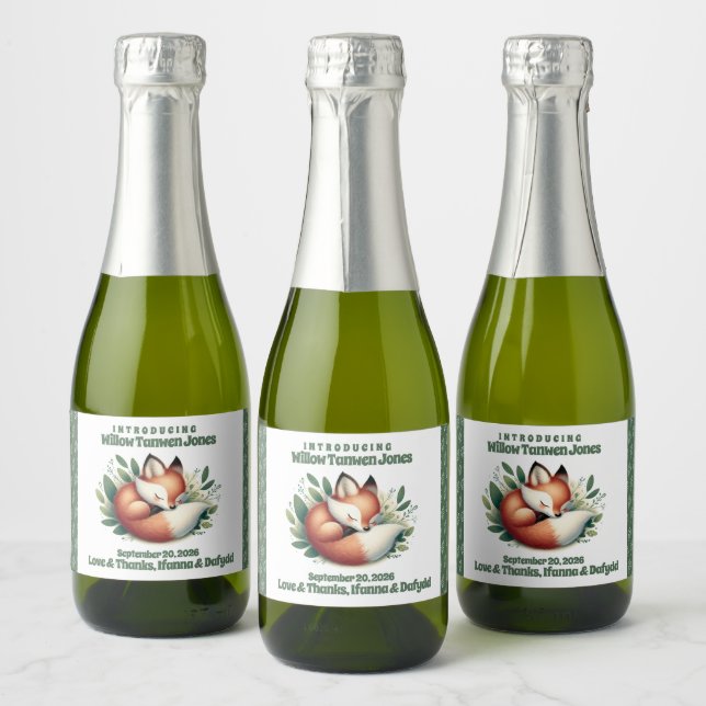 Cute Fox Asleep in Leaves Baby Shower Sparkling Wine Label (Bottles)