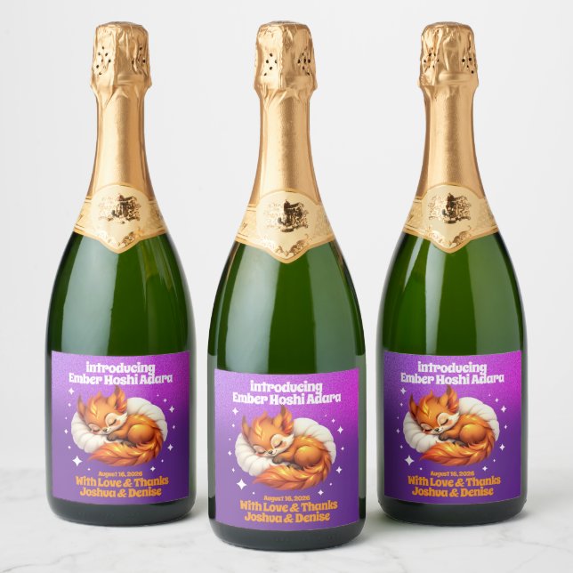 Cute Fox Asleep in Leaves Baby Shower Sparkling Wine Label (Bottles)