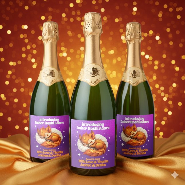 Cute Fox Asleep in Leaves Baby Shower Sparkling Wine Label (Cute Fox Cub Sleeping in Starry Sky Baby Shower Sparkling Wine Labels Cover Photo)