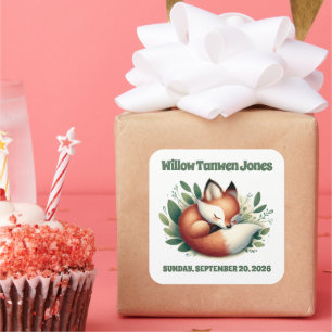 Cute Fox Asleep in Leaves Baby Shower Square Sticker