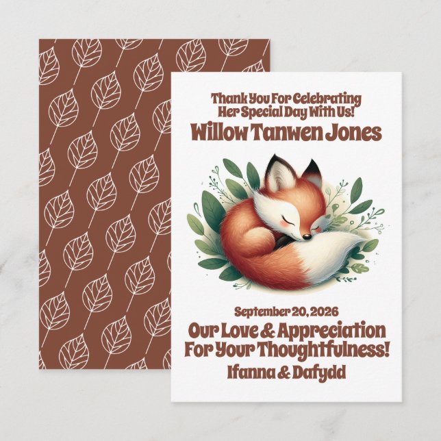 Cute Fox Asleep in Leaves Baby Shower Thank You Card (Front/Back)