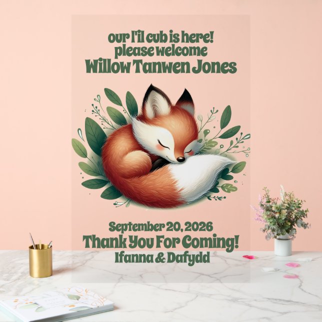 Cute Fox Asleep in Leaves Baby Shower Welcome Acrylic Sign (Wedding)