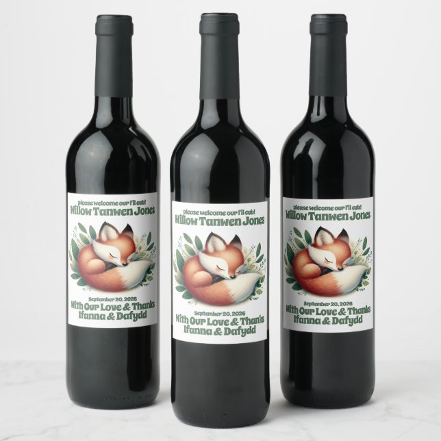 Cute Fox Asleep in Leaves Baby Shower Wine Label (Bottles)