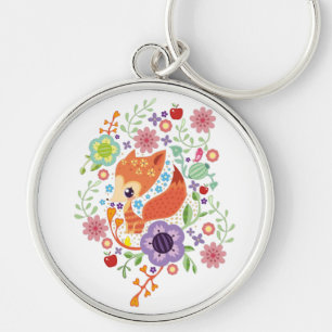 Cute Fox Baby Art Animal With Floral  Key Ring