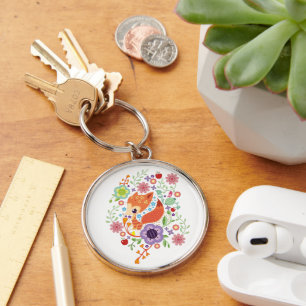 Cute Fox Baby Art Animal With Floral Key Ring