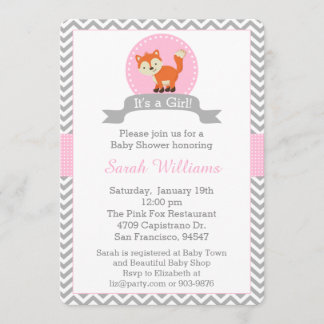 Cute Fox Baby Shower Invitation in Pink and Grey