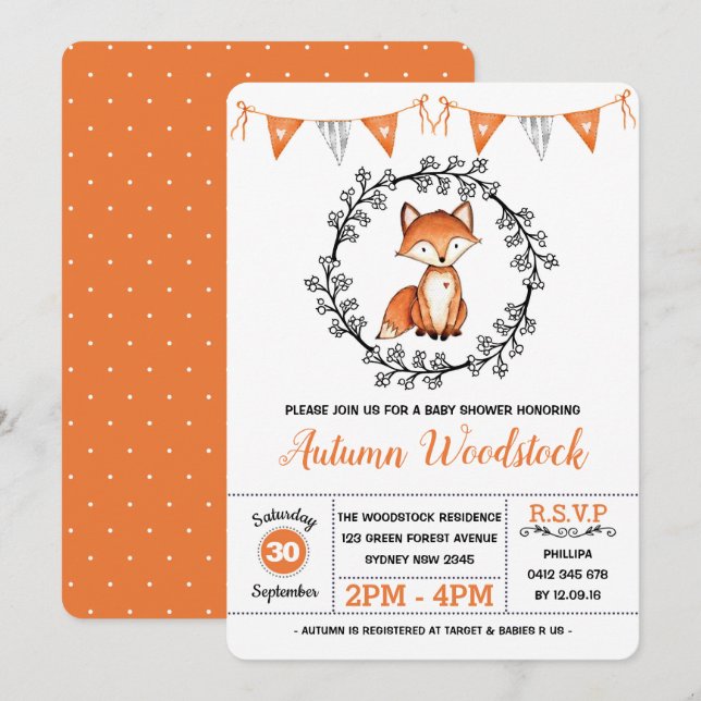 Cute Fox Baby Shower / Modern Woodland Forest Invitation (Front/Back)