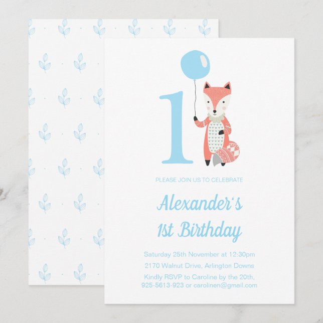 Cute Fox & Balloon Blue 1st Birthday Invitation (Front/Back)