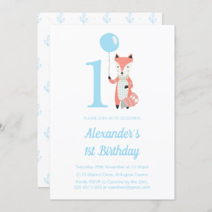 Cute Fox & Balloon Blue 1st Birthday Invitation