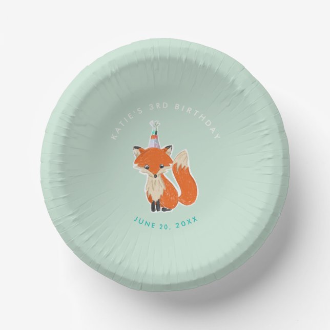 Cute Fox Birthday Party Hat Mint Green Paper Plate (Front)