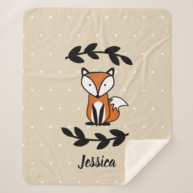 Cute Fox & Black Laurels Polka Dotted Personalised Sherpa Blanket (Front)