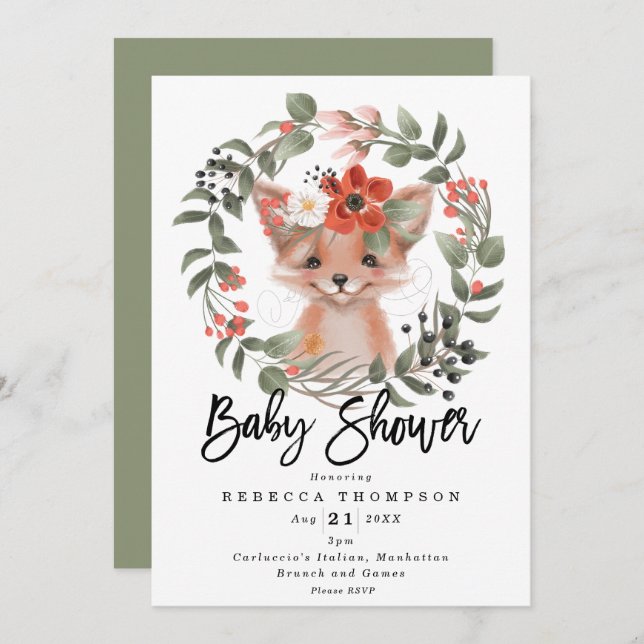 cute fox boho floral modern baby shower invitation (Front/Back)