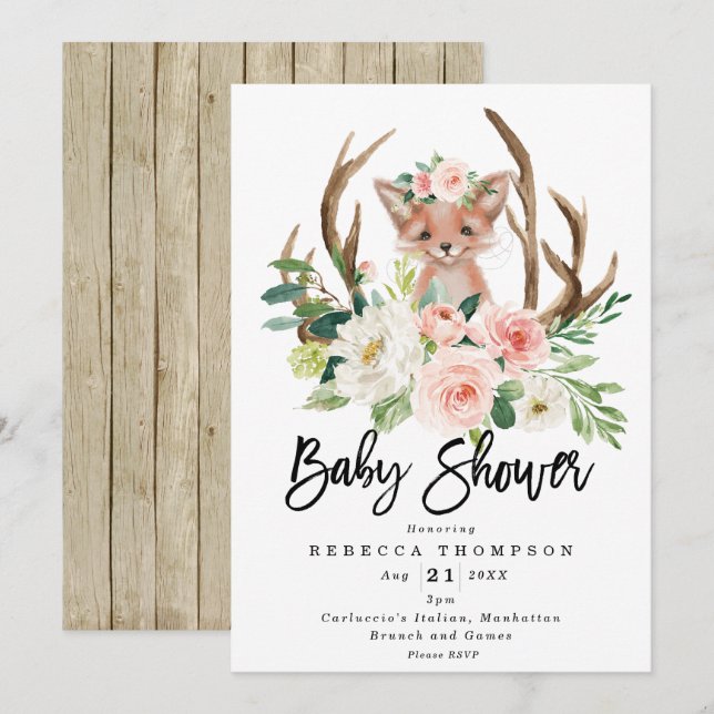 cute fox boho floral modern baby shower invitation (Front/Back)