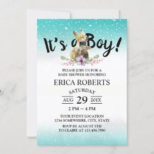 Cute Fox Boy Teal Watercolor Baby Shower Invitation