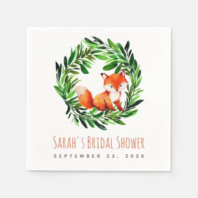 Cute Fox Bridal Shower Watercolor Greenery Wreath Napkin (Front)
