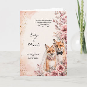 Cute Fox Bride and Groom Blush Pink Floral Gold Card