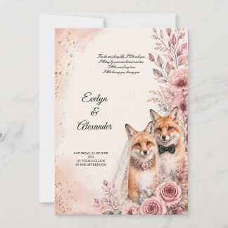 Cute Fox Bride and Groom Blush Pink Floral Gold Invitation