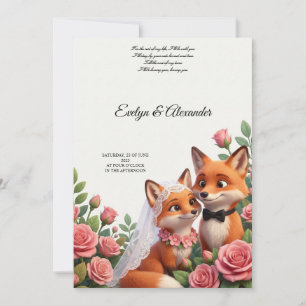 Cute Fox Bride and Groom Blush Pink Floral  Invitation