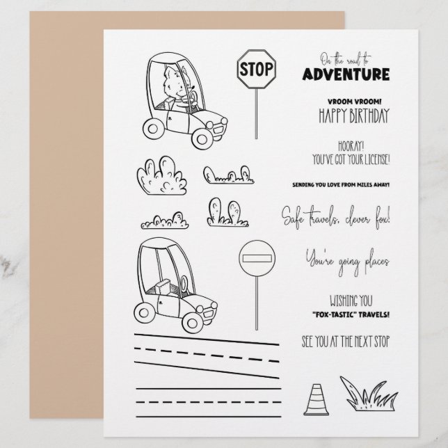 Cute Fox Car Colouring Scrapbook Paper (Front/Back)
