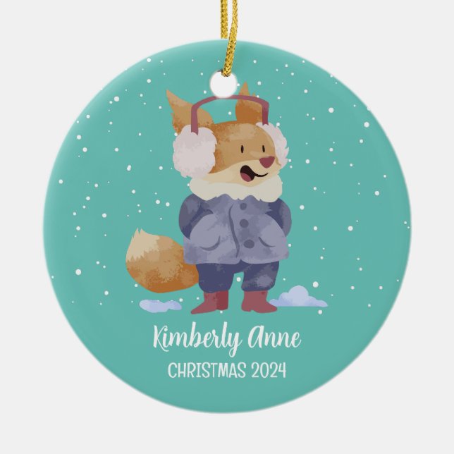 Cute Fox Christmas Animal Snowy Winter Holiday Ceramic Tree Decoration (Front)
