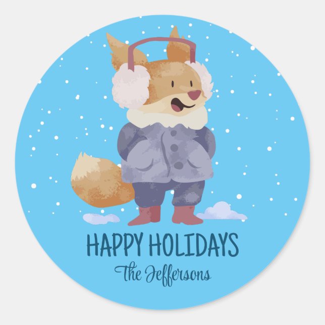 Cute Fox Christmas Animal Snowy Winter Holiday Classic Round Sticker (Front)