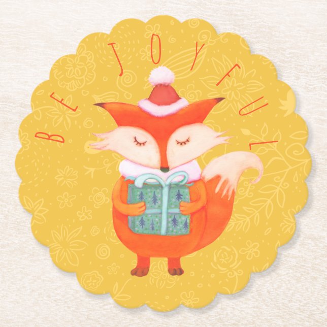 Cute Fox Christmas Paper Coaster (Front)