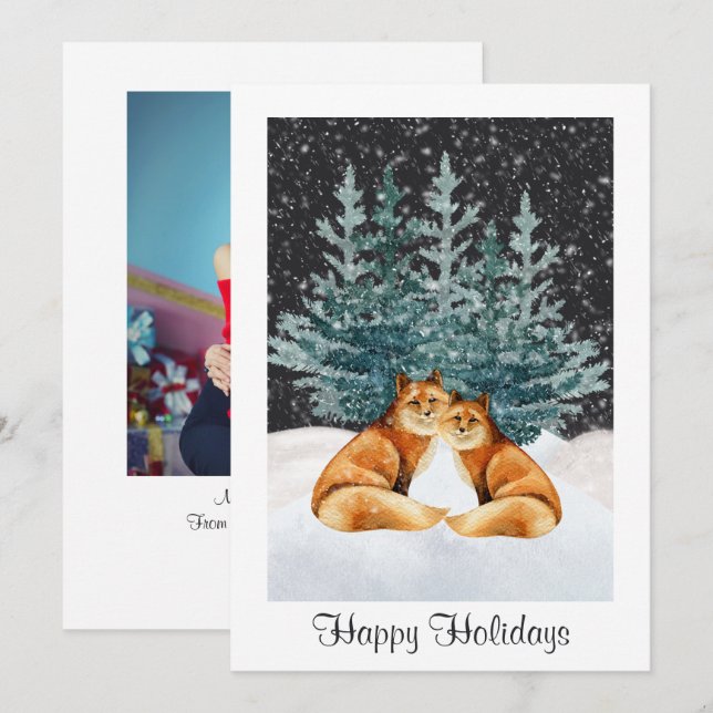 Cute Fox Couple Happy Holidays Christmas Photo Holiday Card (Front/Back)
