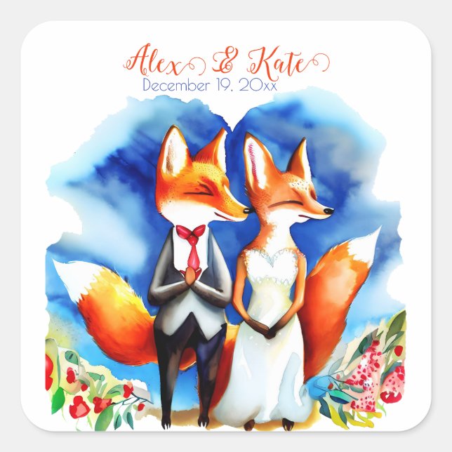 Cute Fox Couple | Romantic Wedding  Square Sticker (Front)