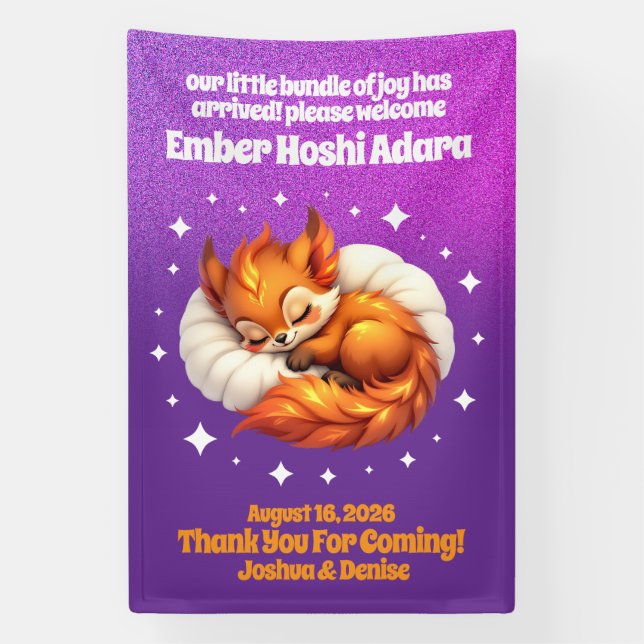 Cute Fox Cub Asleep in Starry Sky Baby Welcome Banner (Vertical)