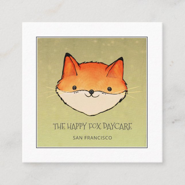 Cute Fox Daycare Square Business Card (Front)