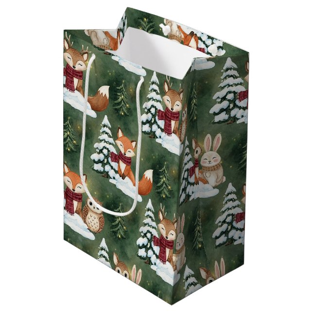 Cute Fox Deer Owl Christmas Winter Forest Medium Gift Bag (Front Angled)