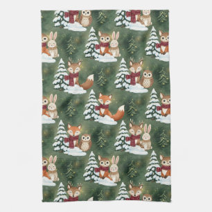 Cute Fox Deer Owl Christmas Winter Forest Tea Towel