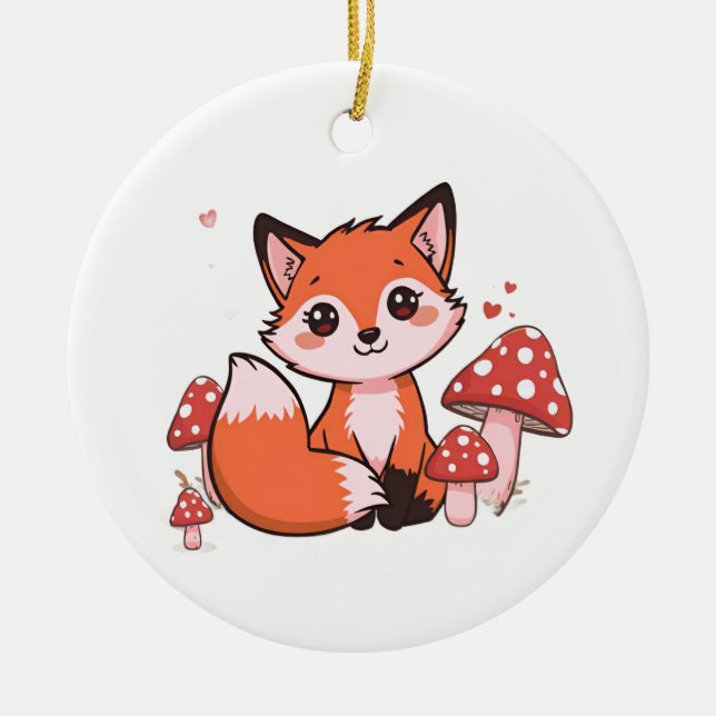 Cute Fox Design – Adorable & Whimsical Artwork  Ceramic Tree Decoration (Front)