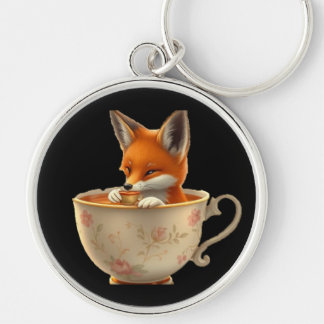 Cute Fox Drinking Tea on Groomsmen Gift Key Ring