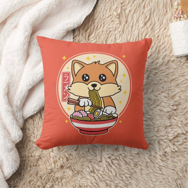 Cute Fox Eating Ramen Kawaii Japanese Food Gift Cushion (Blanket)