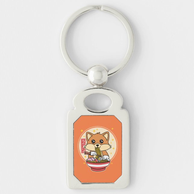 Cute Fox Eating Ramen Kawaii Japanese Food Gift Key Ring (Front)