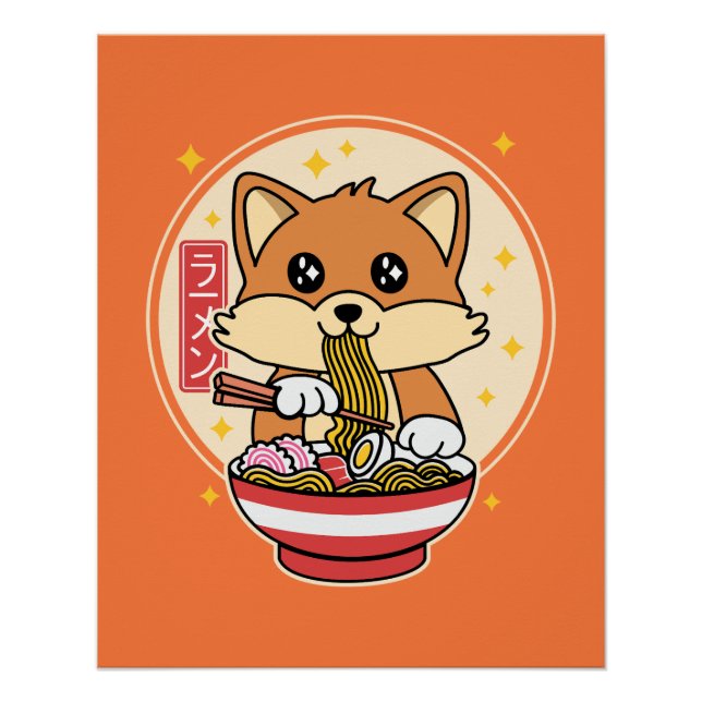 Cute Fox Eating Ramen Kawaii Japanese Food Gift Poster (Front)