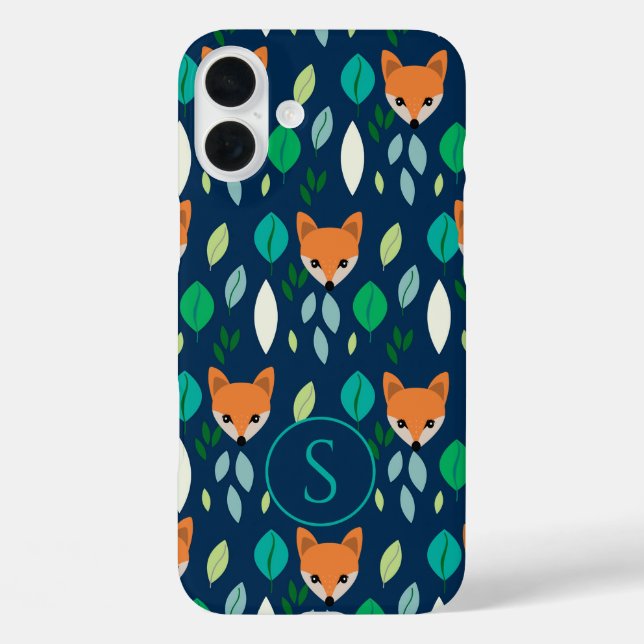 Cute Fox Face Forest Leaf Pattern Monogram Case-Mate iPhone Case (Back)