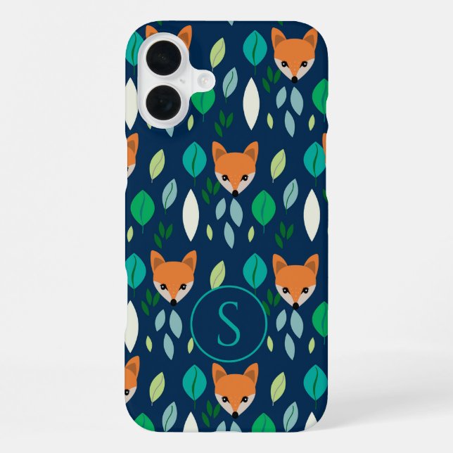 Cute Fox Face Forest Leaf Pattern Monogram iPhone Case (Back)