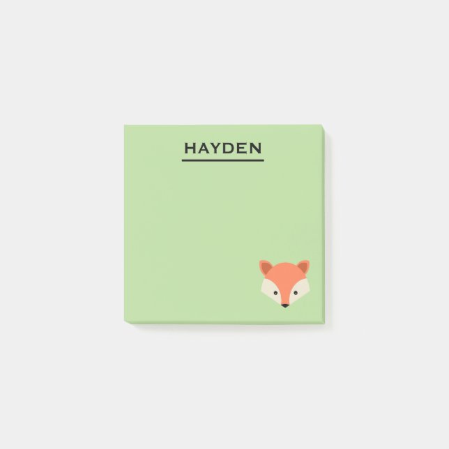 Cute Fox Face on Green Personalised Post-it Notes (Front)